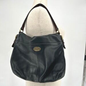 Fossil Explorer Foldover Slouchy Black Leather Shoulder Bag Crossbody Zip Bottom